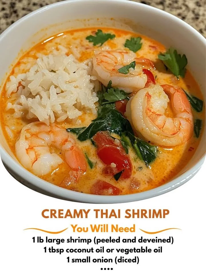 Bowl of creamy Thai shrimp soup with herbs and spices