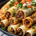 Crispy beef taquitos served with toppings