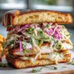 Crispy mozzarella chicken sandwich with tangy slaw on a wooden plate