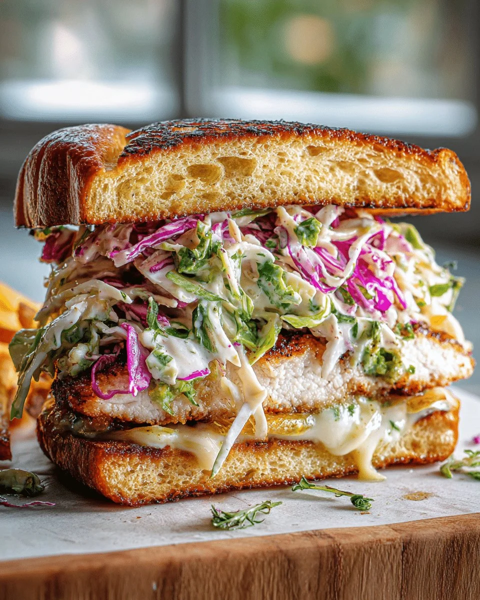 Crispy mozzarella chicken sandwich with tangy slaw on a wooden plate