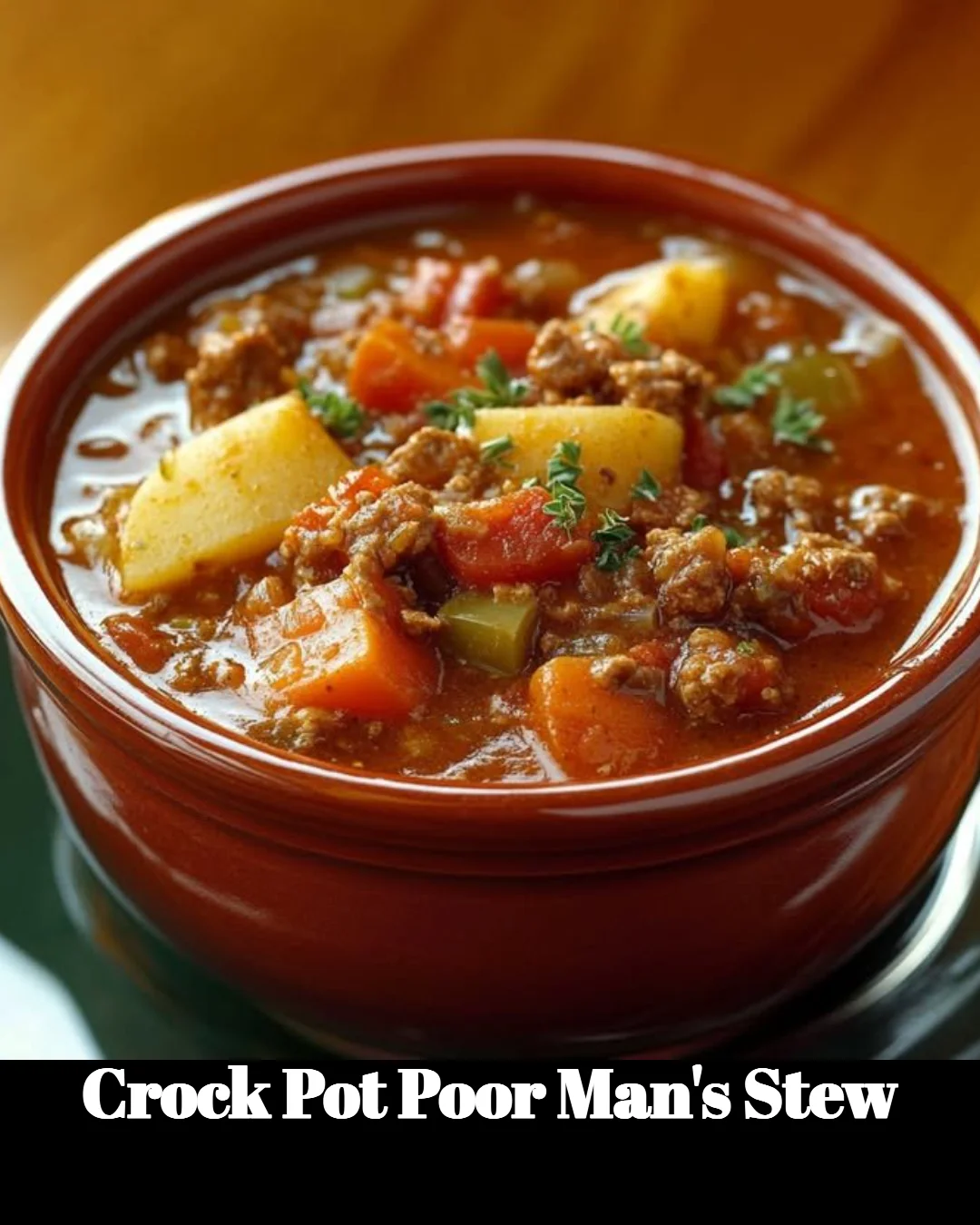 A bowl of Crock Pot Poor Man's Stew filled with vegetables and meat