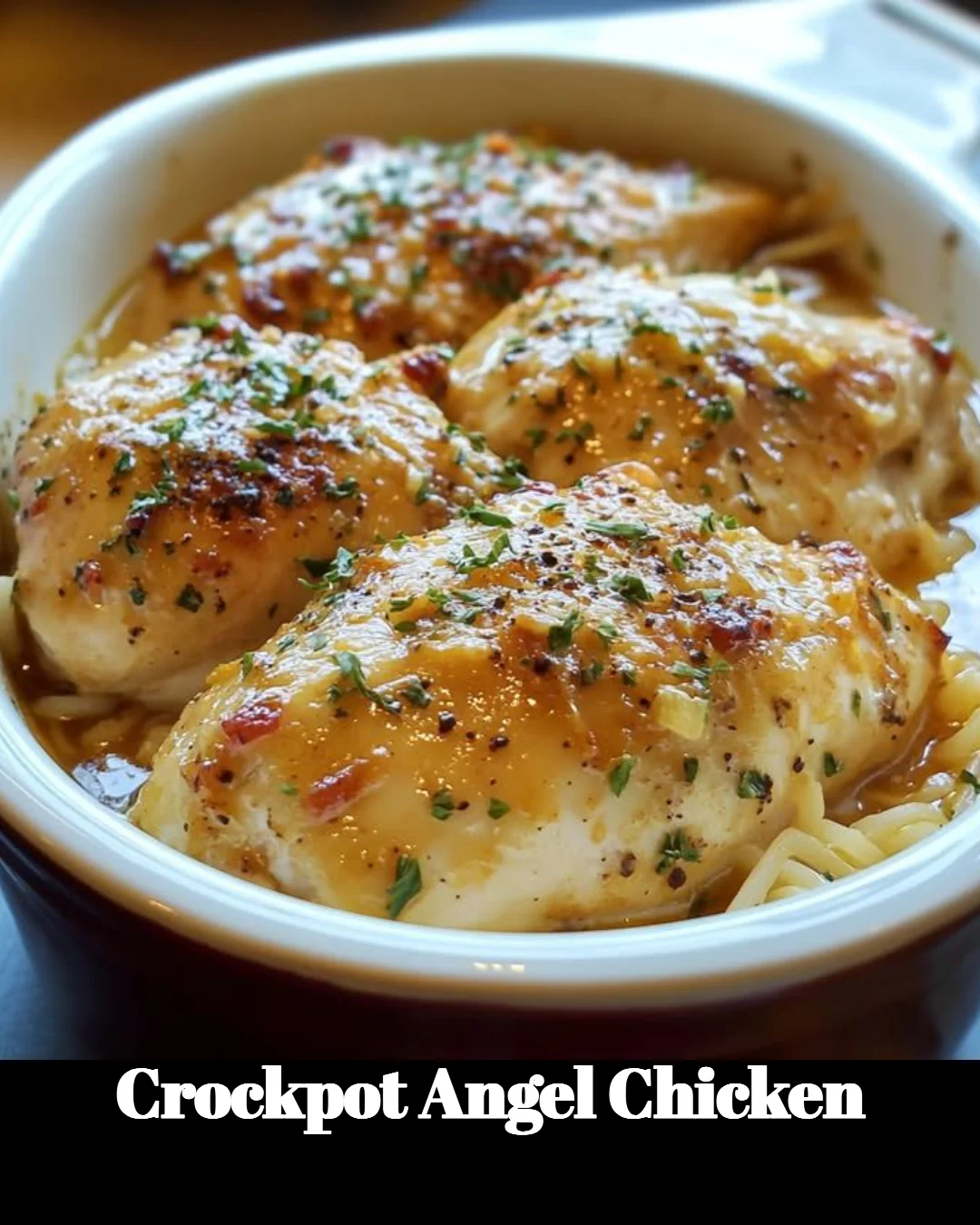 Crockpot Angel Chicken served with herbs and spices in a cozy setting