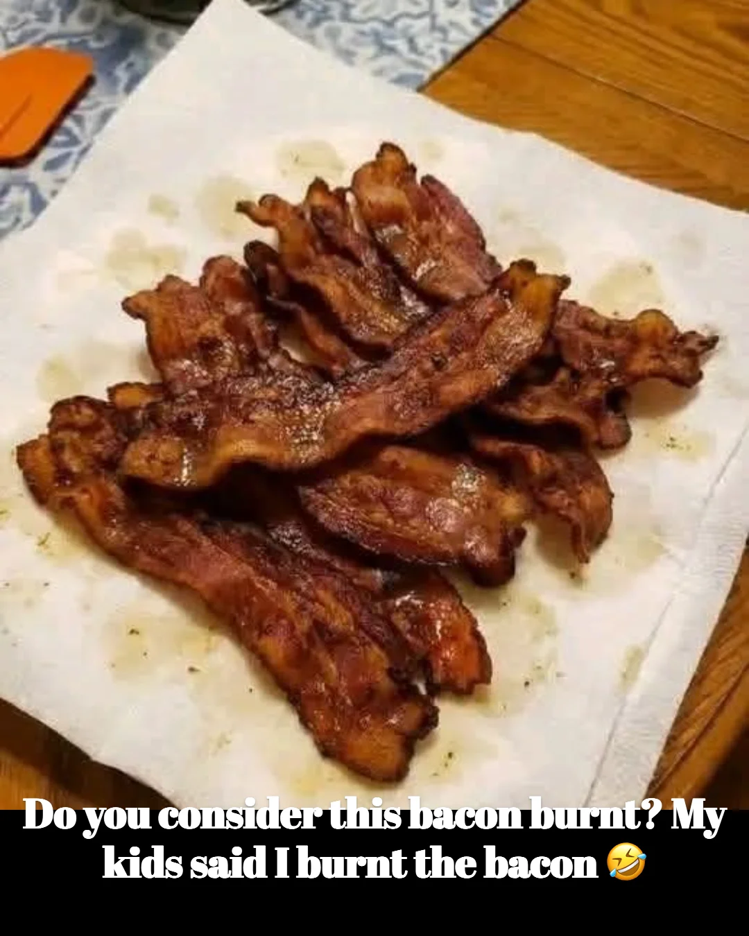 Burnt bacon served on a plate with kids' reactions