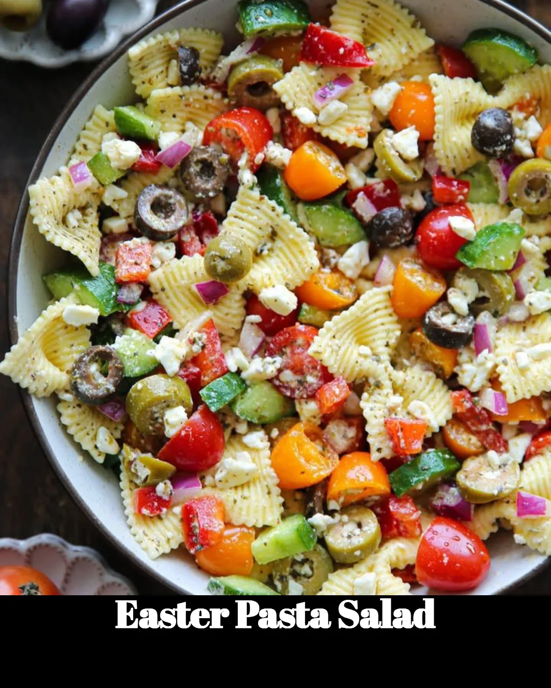Colorful Easter Pasta Salad with veggies and dressing on a festive table