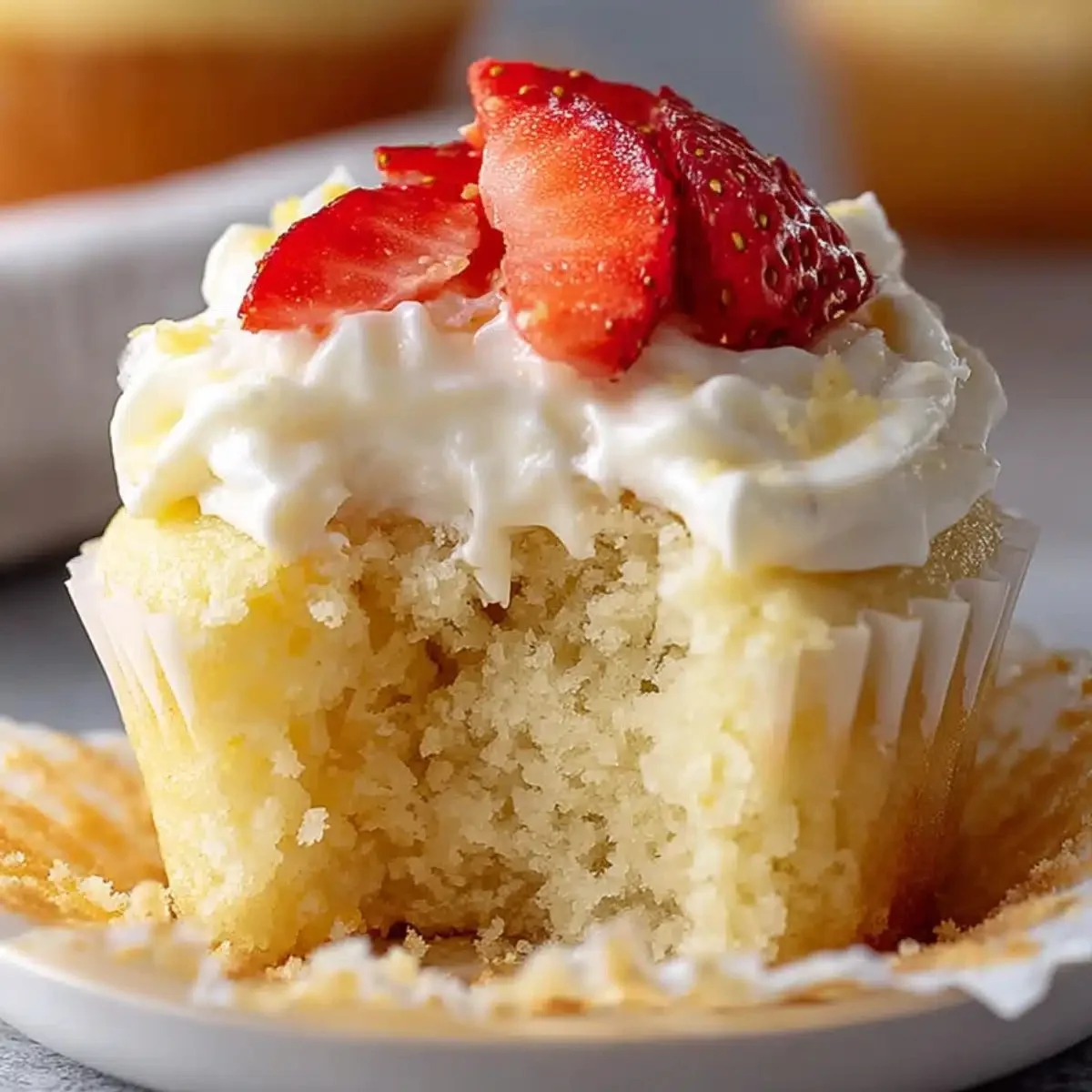 Delicious easy tres leches cupcakes topped with whipped cream and strawberries.
