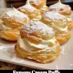 Delicious famous cream puffs filled with rich cream and topped with powdered sugar.