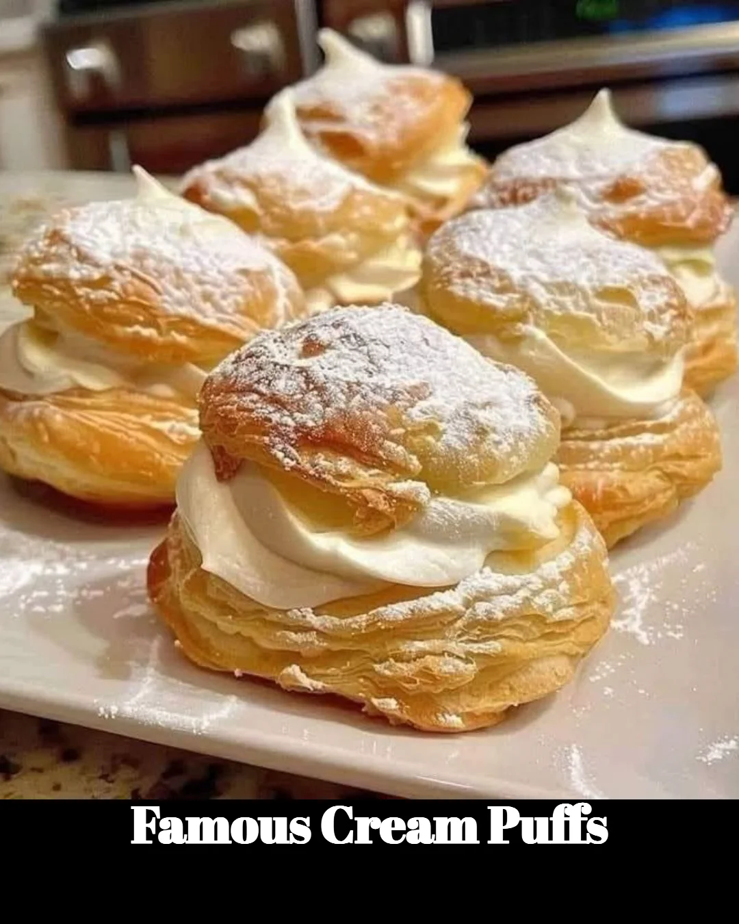 Delicious famous cream puffs filled with rich cream and topped with powdered sugar.