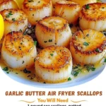 Delicious garlic butter air fryer scallops cooking in an air fryer.