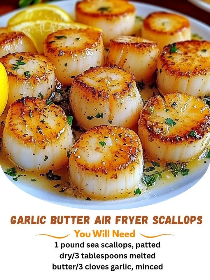 Delicious garlic butter air fryer scallops cooking in an air fryer.