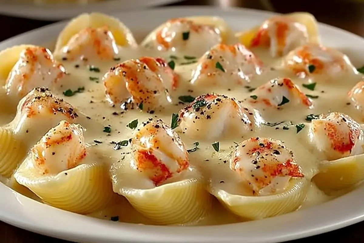 Garlic Butter Lobster-Filled Jumbo Pasta Shells served on a plate