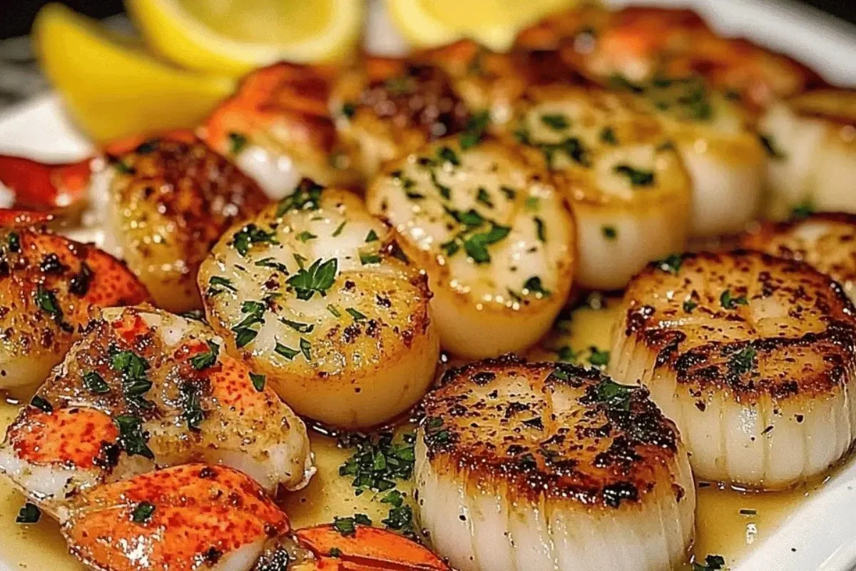 Delicious Garlic Butter Lobster with Scallops served in a gourmet style