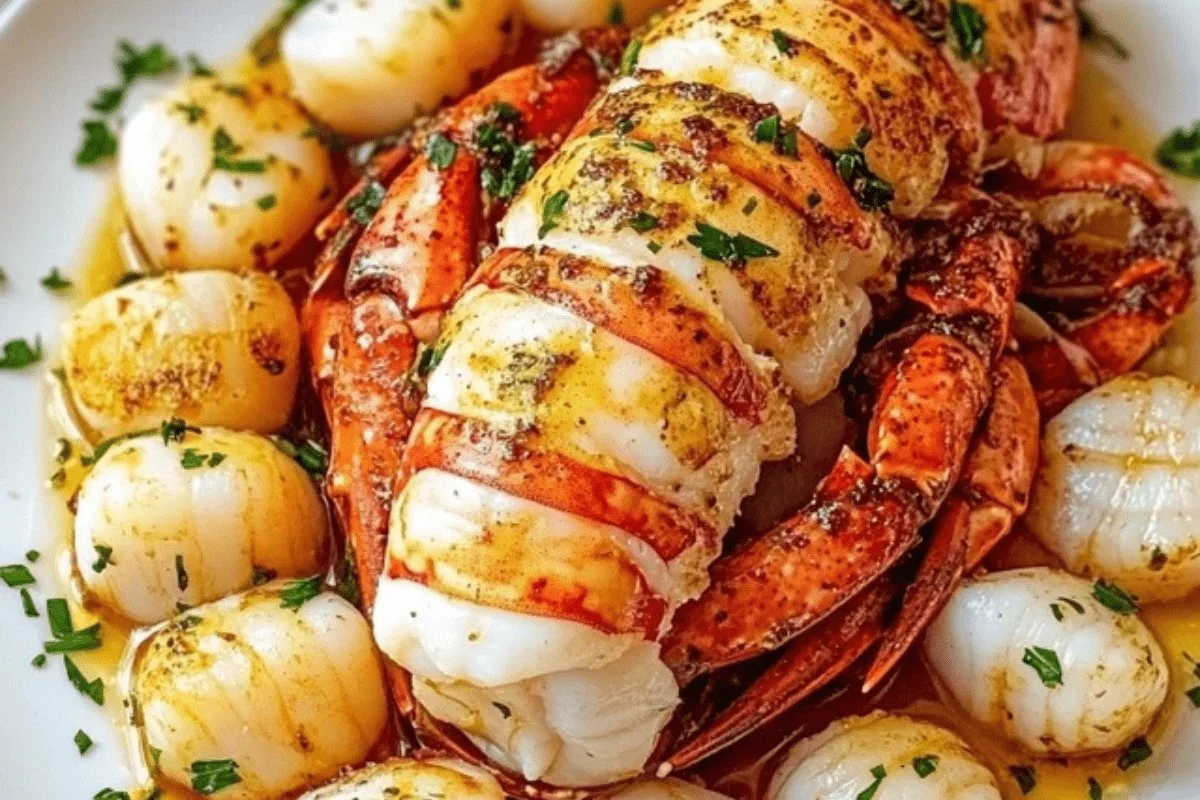 Delicious Garlic Butter Lobster and Scallops dish served on a plate
