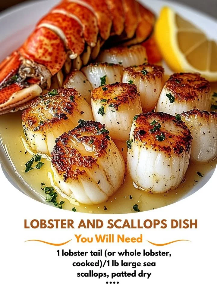 Garlic butter lobster and scallops served elegantly on a plate