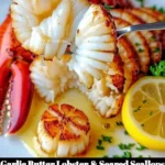 Plate of garlic butter lobster and seared scallops garnished with herbs