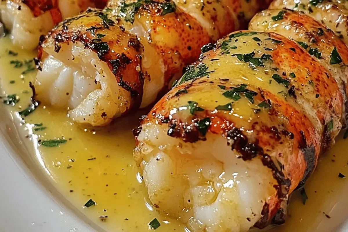Delicious garlic butter lobster tail served with lemon and herbs