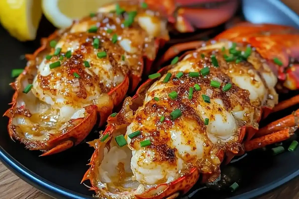 Deliciously prepared garlic butter lobster tails served on a plate.