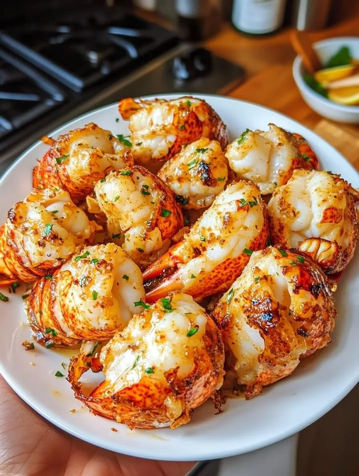 Delicious garlic butter lobster tails served on a plate with herbs.