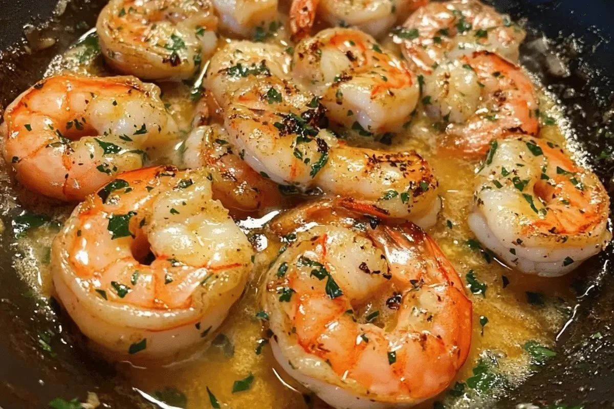 Delicious Garlic Butter Shrimp Skillet served with herbs and spices