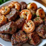Delicious Garlic Butter Steak & Shrimp Bites served on a plate.