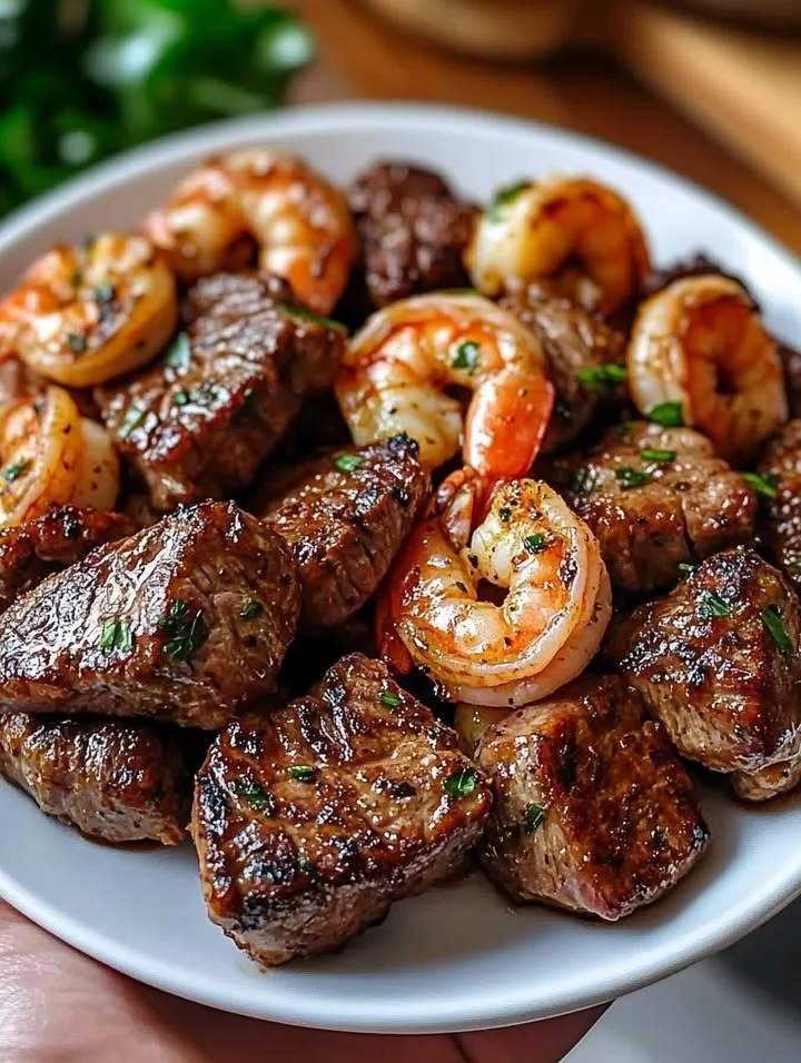 Delicious Garlic Butter Steak & Shrimp Bites served on a plate.