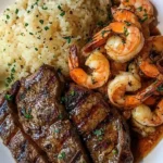 Garlic butter steak and shrimp dish served as a gourmet surf and turf meal.