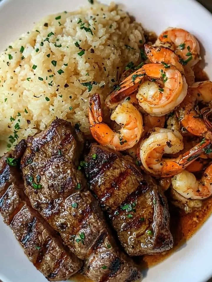 Garlic butter steak and shrimp dish served as a gourmet surf and turf meal.