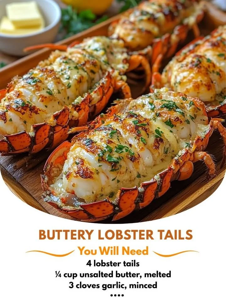 Delicious Garlic Herb Butter Lobster Tails served on a plate with herbs.
