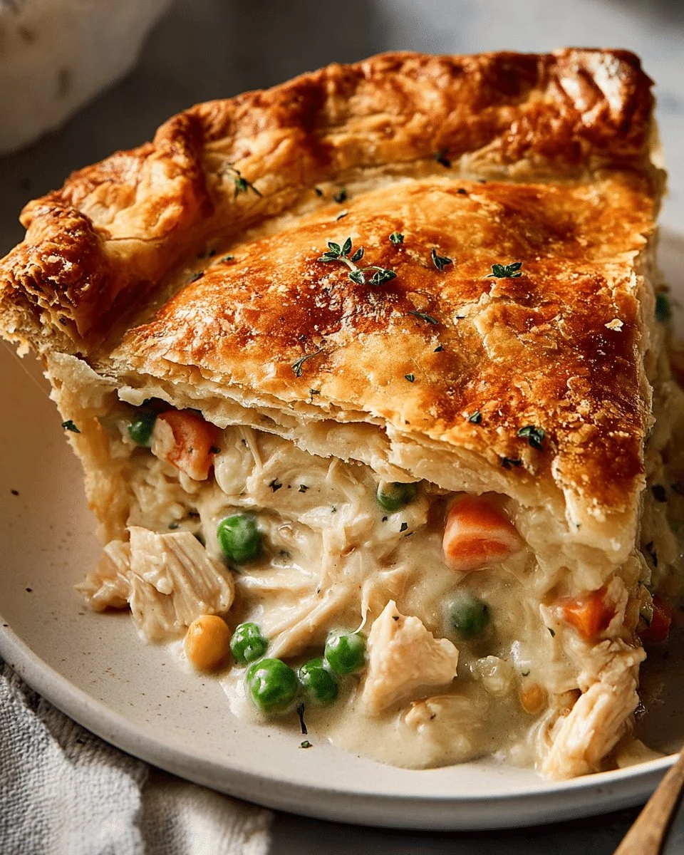 Delicious golden chicken pot pie with flaky crust and hearty filling