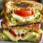 Grilled cheese sandwich with avocado and tomatoes, garnished with herbs