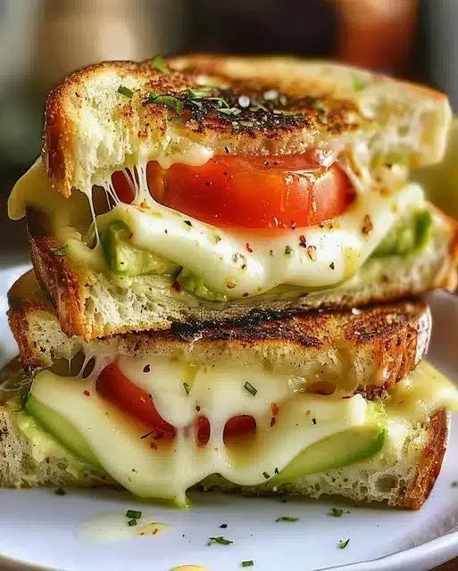Grilled cheese sandwich with avocado and tomatoes, garnished with herbs