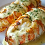 Grilled lobster tails topped with creamy herb butter on a plate