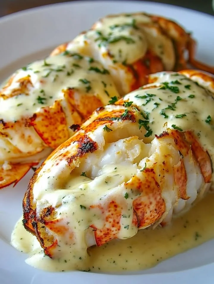Grilled lobster tails topped with creamy herb butter on a plate