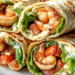 Delicious grilled shrimp wraps filled with fresh vegetables and zesty sauce.