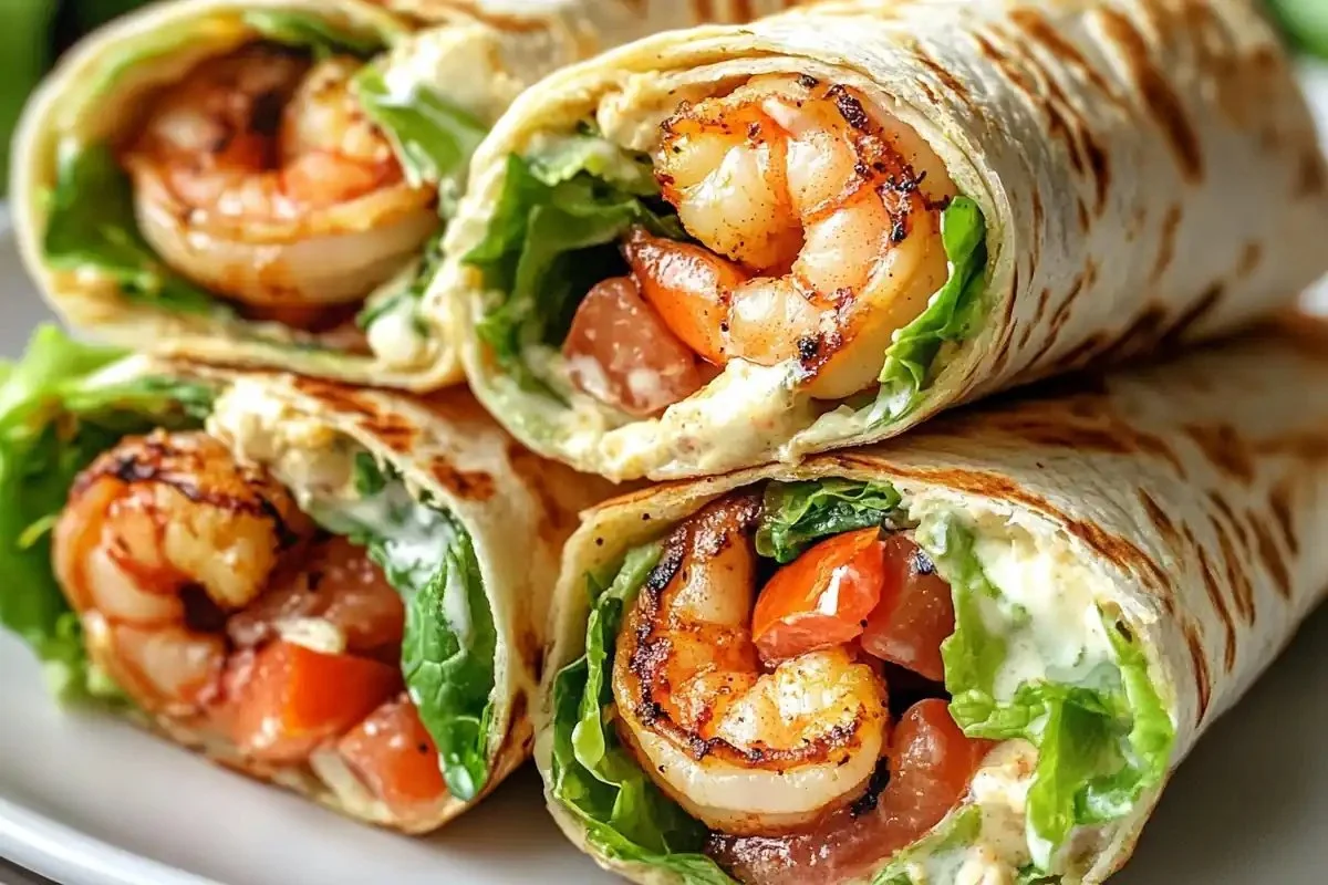 Delicious grilled shrimp wraps filled with fresh vegetables and zesty sauce.