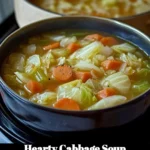Bowl of hearty cabbage soup with fresh vegetables and herbs