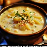 Bowl of hearty homestyle crock pot potato soup topped with herbs