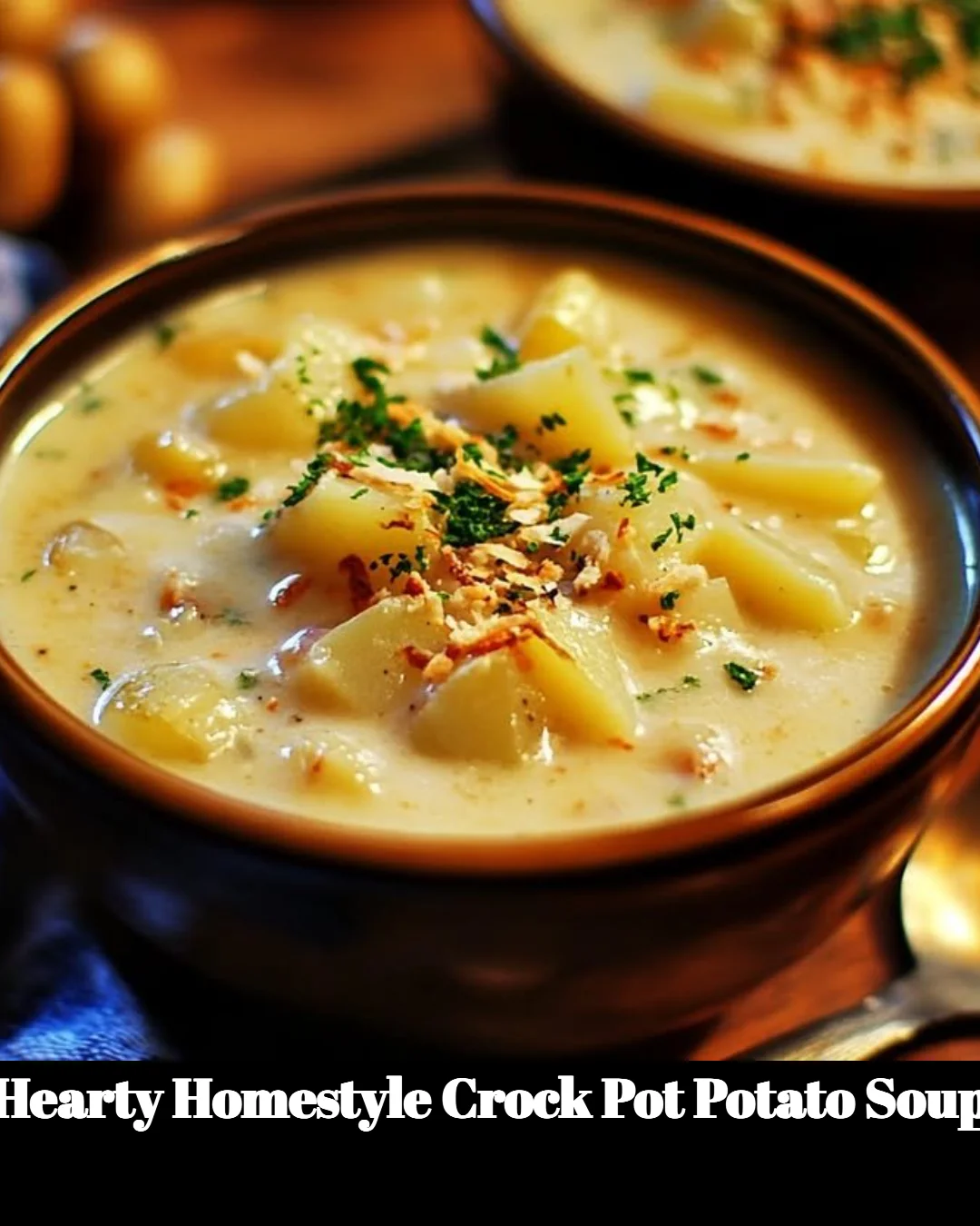 Bowl of hearty homestyle crock pot potato soup topped with herbs
