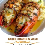 Herb butter baked lobster tails plated with creamy mashed potatoes