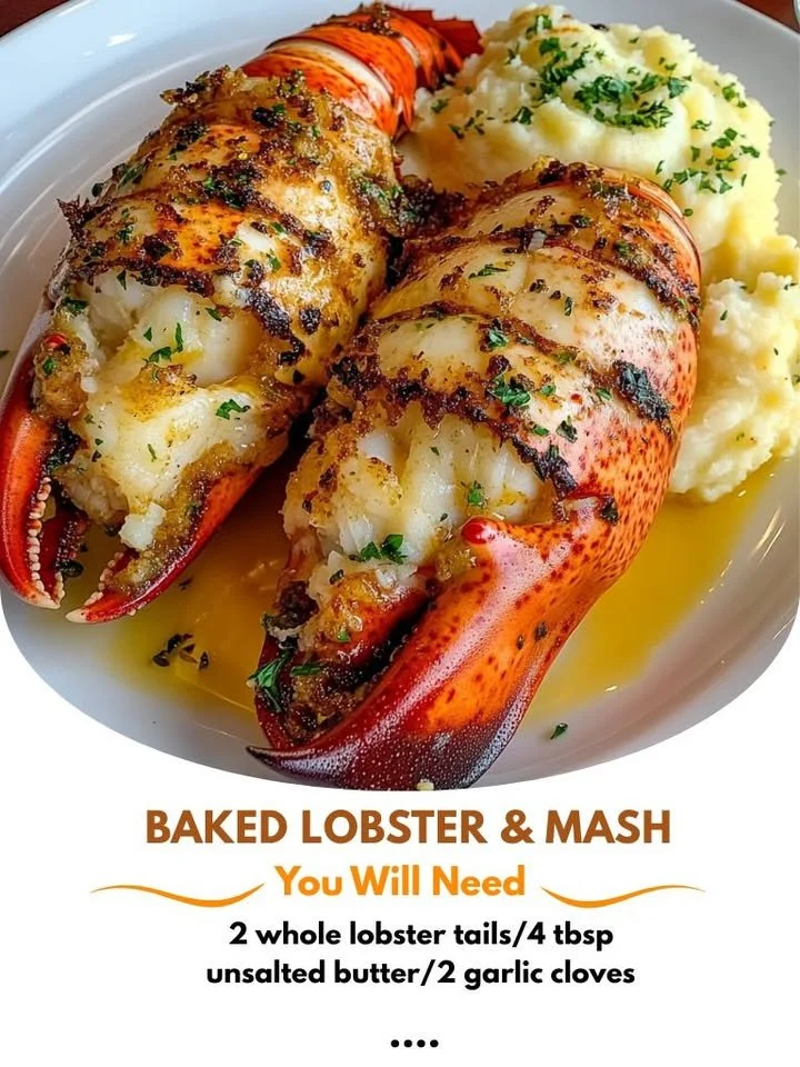 Herb butter baked lobster tails plated with creamy mashed potatoes