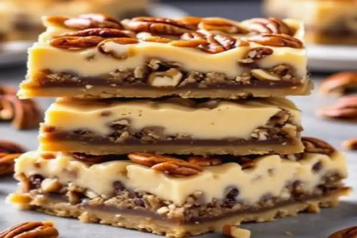 Homemade caramel pecan bars topped with rich caramel and crunchy pecans