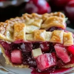 Homemade cherry rhubarb pie on a wooden table with fresh cherries and rhubarb.
