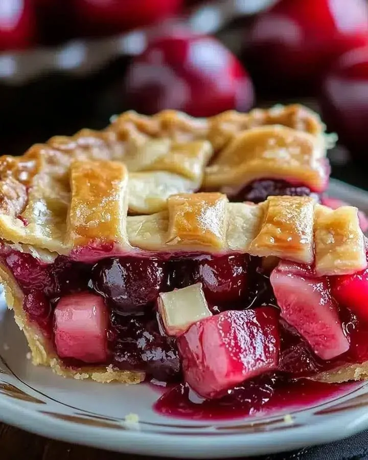 Homemade cherry rhubarb pie on a wooden table with fresh cherries and rhubarb.