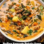 A bowl of hearty Italian sausage potato soup garnished with herbs.