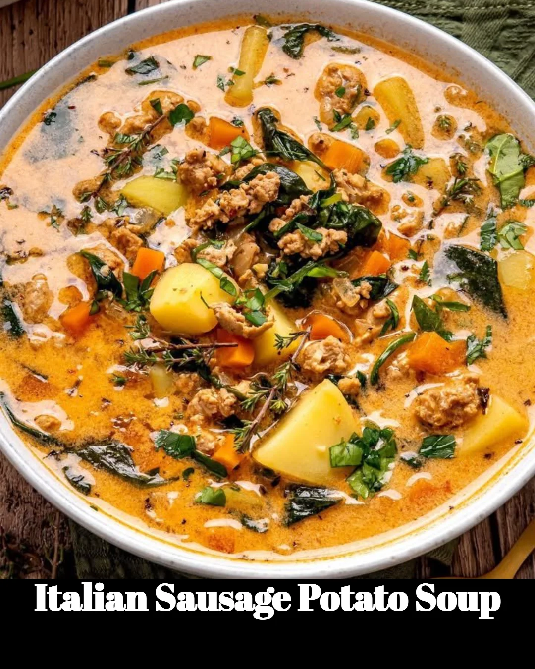 A bowl of hearty Italian sausage potato soup garnished with herbs.