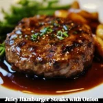 Juicy hamburger steaks served with flavorful onion gravy on a plate.