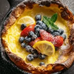 Lemon Dutch Baby pancake topped with fresh berries and powdered sugar
