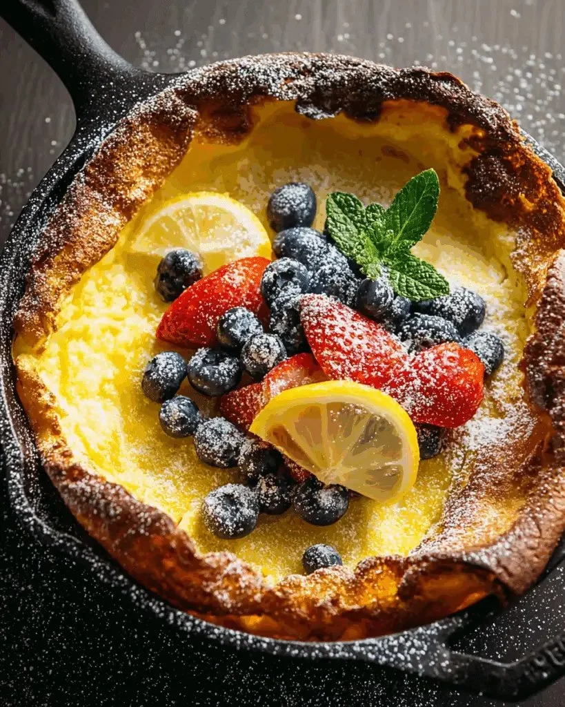 Lemon Dutch Baby pancake topped with fresh strawberries and blueberries