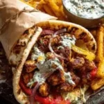 Delicious Lemon-Garlic Chicken Pitas on a wooden plate with fresh herbs.