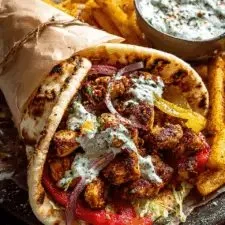 Delicious Lemon-Garlic Chicken Pitas on a wooden plate with fresh herbs.