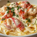 Plate of Lobster Alfredo Pasta with creamy sauce and fresh herbs